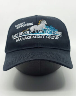Structured cap in black. On the front, there is white text embroidered that reads "PROUDLY SUPPORTING" followed by the logo of Salt River Wild Horse Management Group