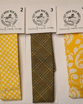 cooling neck wraps. #1 Olive-colored fruit pattern, #2 Yellow and White Polka Dot , #3 Brown Plaid, #4 Yellow and White ornate leaf pattern, #5 Blue denim